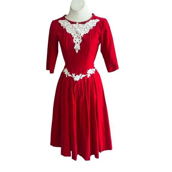 Handmade Dresses & Skirts - Vintage 60s Handmade Red Velvet Lace Accents Full Skirt Dress